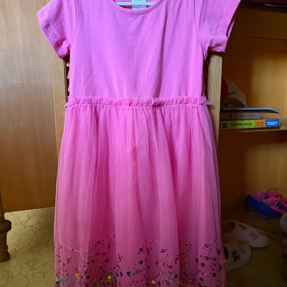 Girls' Pink Short-Sleeve Tulle Skirt Dress - Casual Party Wear